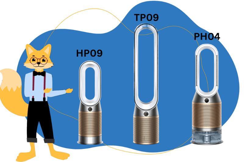 Dyson HP09 steht im direkten Vergleich zum Dyson TP09 und Dyson PH04.
